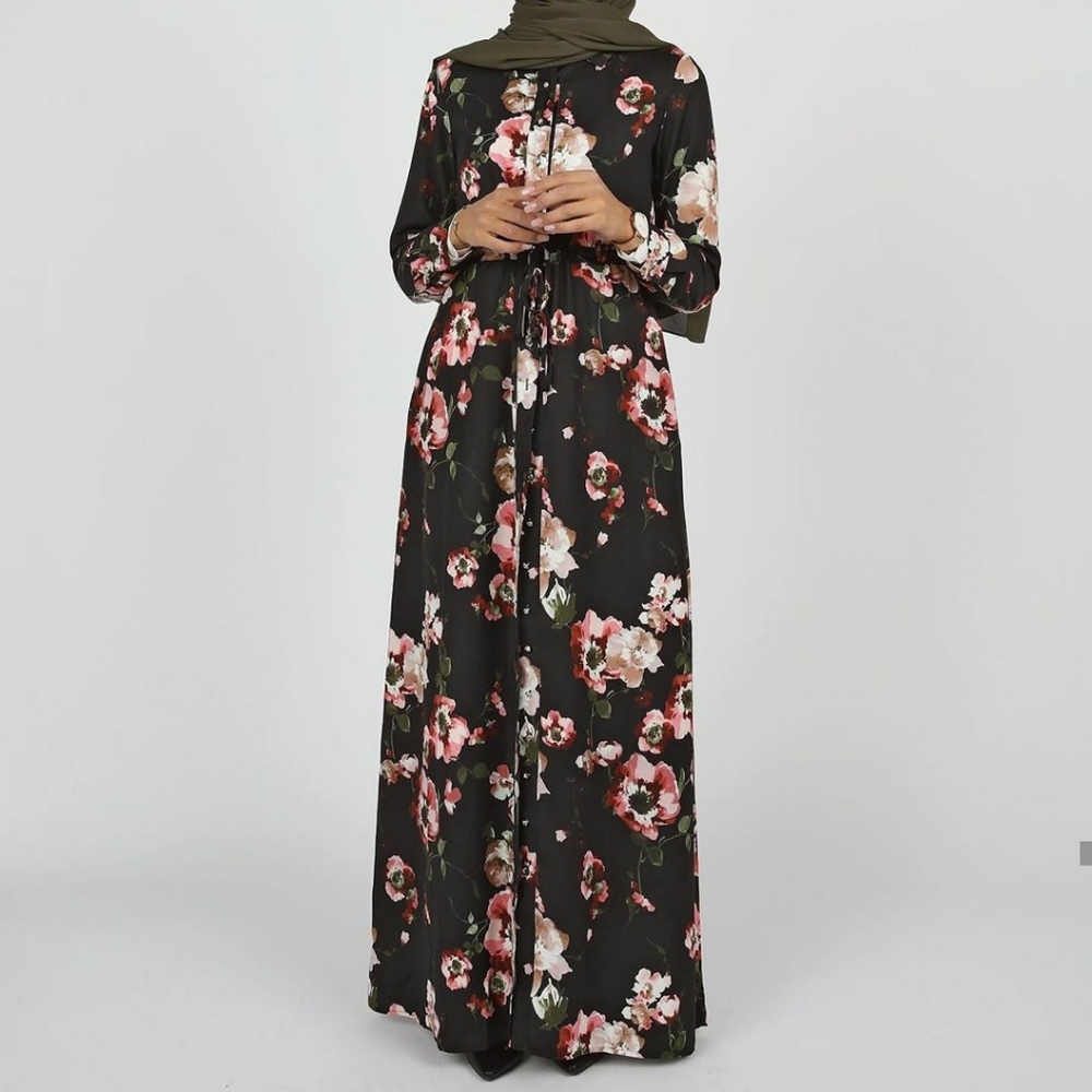 Black floral button down dress